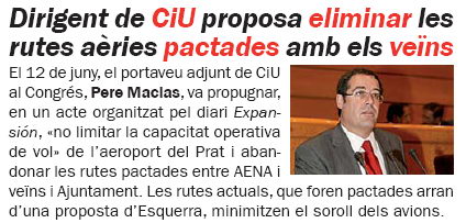 Noticia publicada en la publicación L'ERAMPRUNYÀ sobre las declaraciones de Pere Macias (CiU) indicando la posibilidad de hacer operar el aeropuerto del Prat con pistas independientes (Número 59 - Julio 2008)